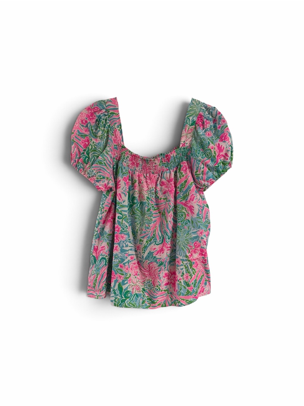 Lilly Pulitzer Pink & Aqua Floral Puff-Sleeve Square-Neck Blouse